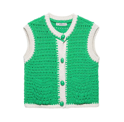 Women's Casual Solid Color Commuter Vest Top New Single-Breasted Short Knitted Sweater Vest Round Neck Sleeveless Top
