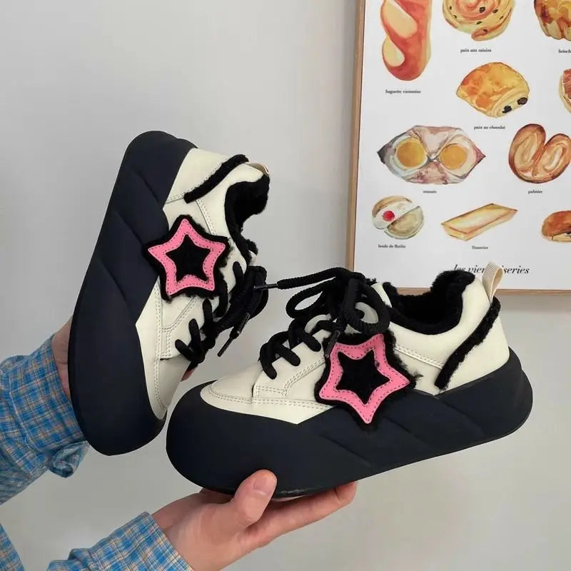 Women Patchwork Sneakers Cute Lilac Star Shoes Thick Heel Warm Fluffy Sneakers Casual Running Platform Y2K Kawaii Sports Shoes
