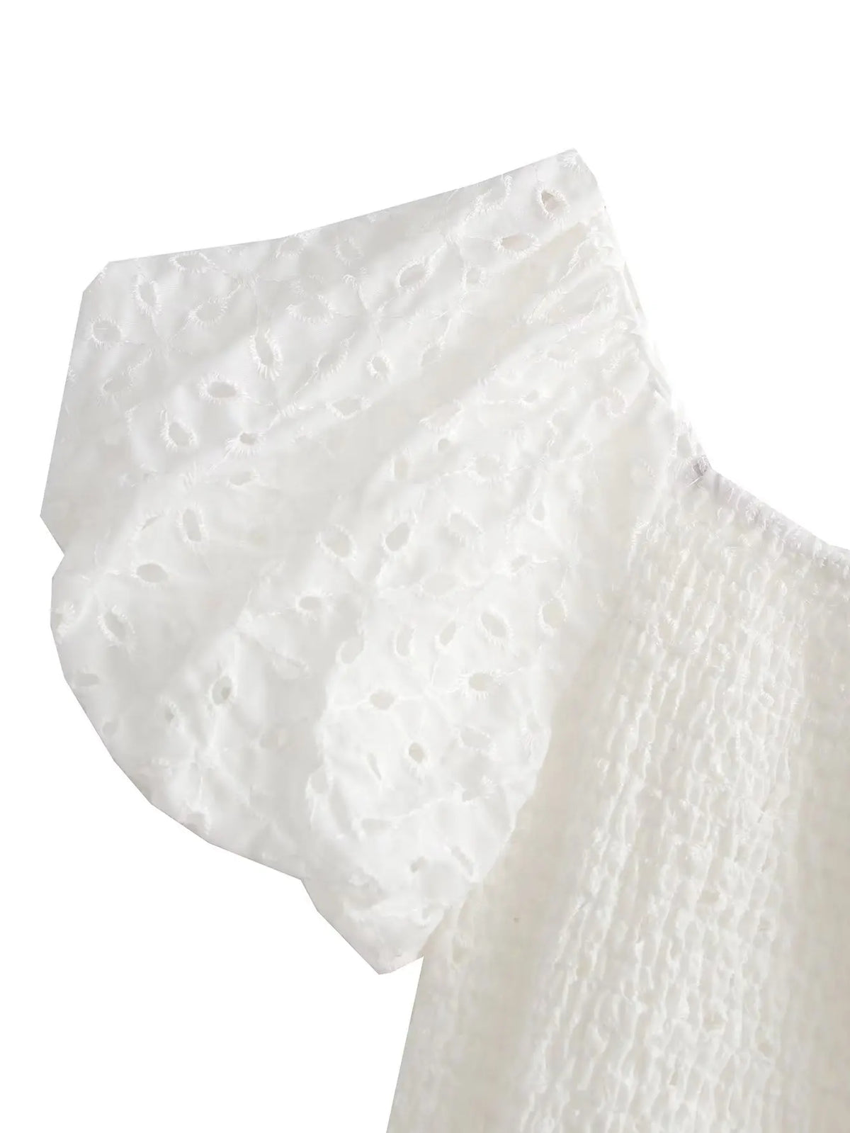 White Floral Embroidery Lace Mini Dresses for Women Off Shoulder Puff Sleeve Shirred Chest Short Dress Summer Boho Beach