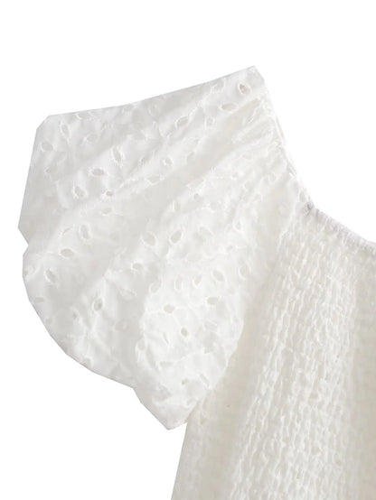 White Floral Embroidery Lace Mini Dresses for Women Off Shoulder Puff Sleeve Shirred Chest Short Dress Summer Boho Beach