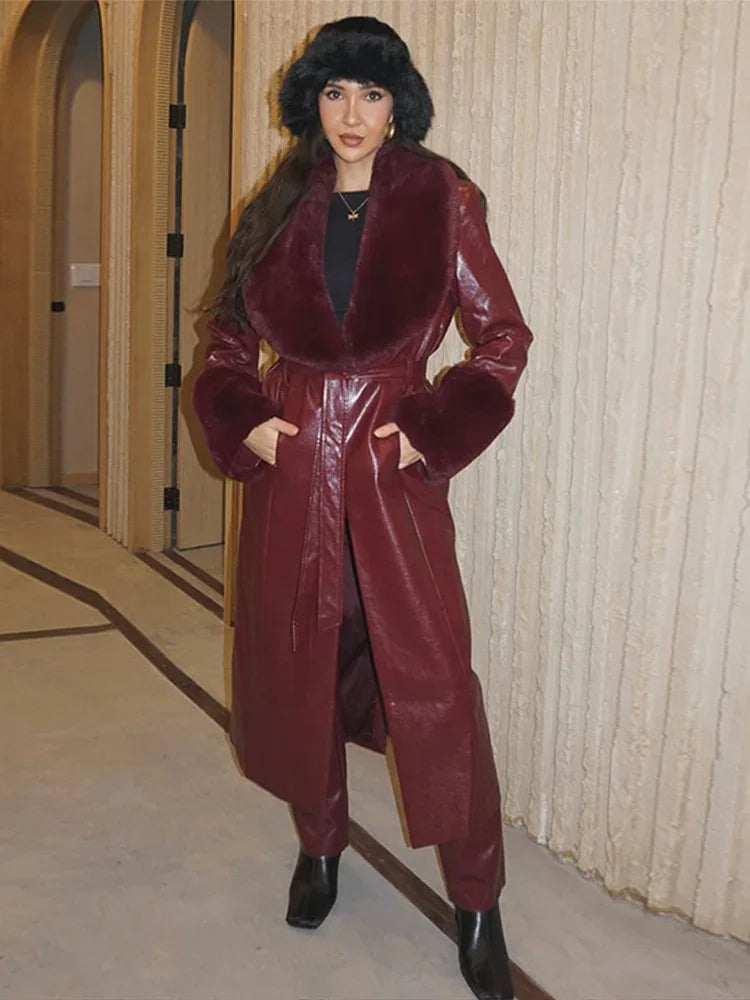 Elegant Fur Leather Women's Long Coat Red Long Sleeve Lapel Lace Up Loose Patchwork Jacket 2025 Fashion Autumn Winter Coats
