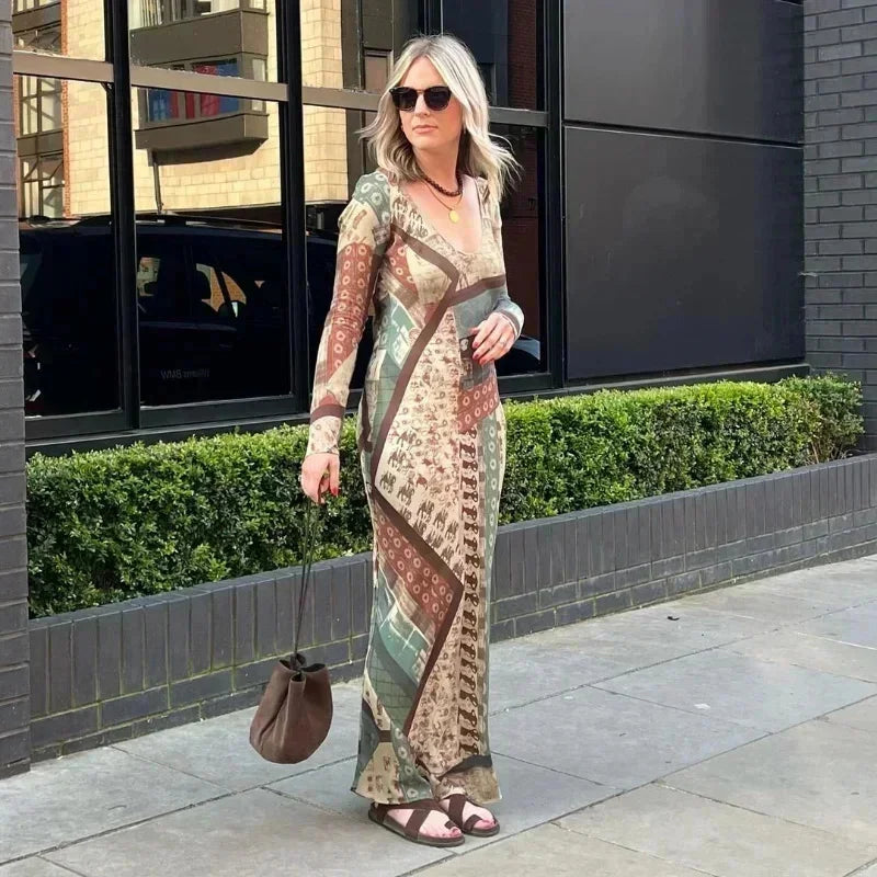 Summer New Ins Retro Printed Dress Women Patchwork Chiffon Bodycon Maxi Dresses Long Sleeve V Neck Slim Robes Lady Streetwear