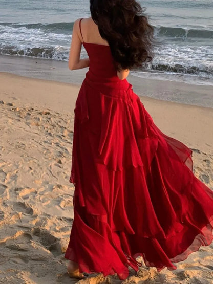Women Elegant Red Ruffles Waist Cinching Dress Sexy Strap Backless A-Line Long Robe Summer New Style Holiday Evening Dresses