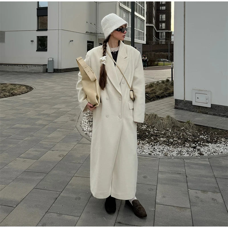 Elegant Solid Double Breasted Long Coat Women Chic Casual Loose Lapel Pad Shoulder Tweed Coats Lady Winter Retro Street Outwear