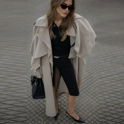 Casual Women's Trench Coat Lace Up Turn-Down Collar Solid Lady Long Jackets 2025 Autumn Winter Female Street Outwear New