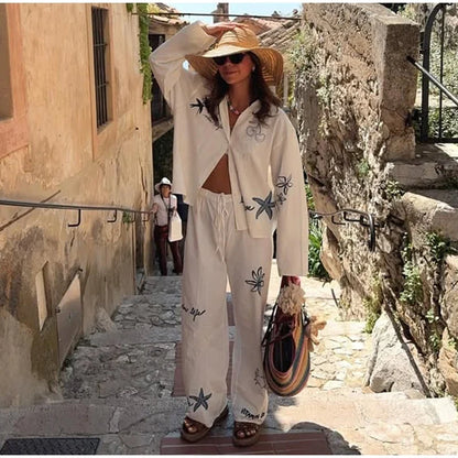 Cotton Linen Women's Trousers Set Long Sleeve Single Breasted Loose Shirt Wide Leg Pants Suits Summer Casual Lady Sets