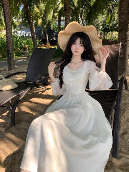 Women Puff Sleeves Floral Lace Up Midi Dress Summer Elegant Medieval Retro Evening Party Prom Chic One-piece Clothing