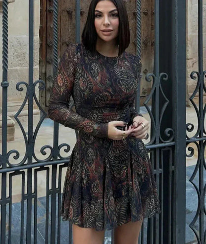 Crew Neck Long Sleeve Paisley Print Pleated Flare Mini Dress
