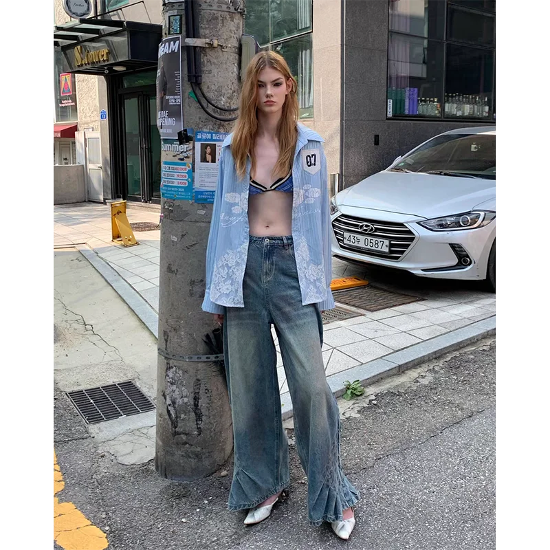Autumn Loose Simple All-match Wide Leg Pants Women Street Personality Design Y2K Jeans Popular Fashion New Jeans for Women