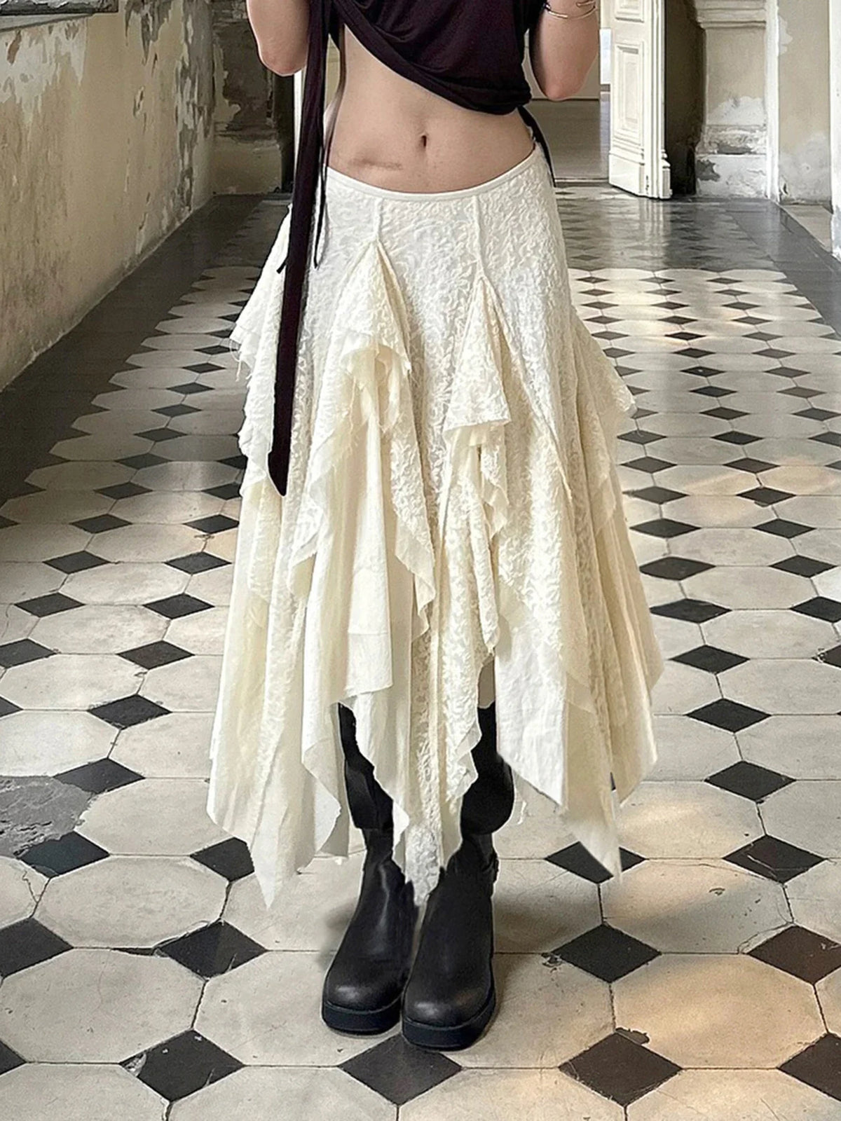 Fashion Chic Lace Spliced Women’s Irregular Skirts Summer Retro Design New Long Skirts Eleagnt Classical
