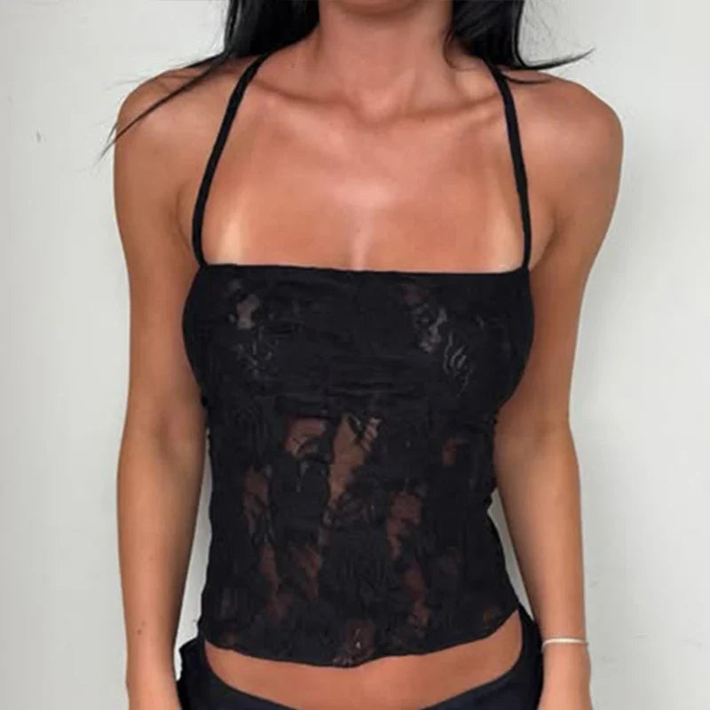 Sexy Lace Women Camisole Backless Lace-up Summer Beach Style Boho Chic Tank Top Y2K Fitted Cute Crop Top See Through