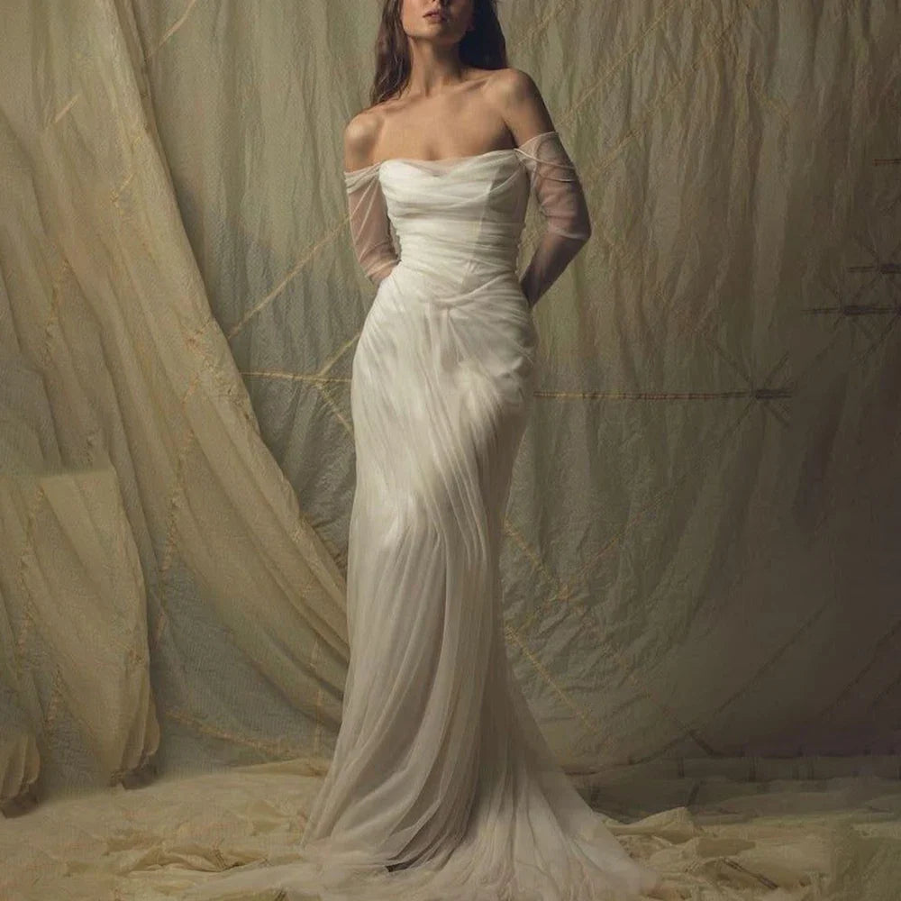 Simple Chiffon Mermaid Wedding Dresses Off-Shoulder Illusion Elegant Birthday Evening Party Dresses Ethereal Fairy Bridal Gown