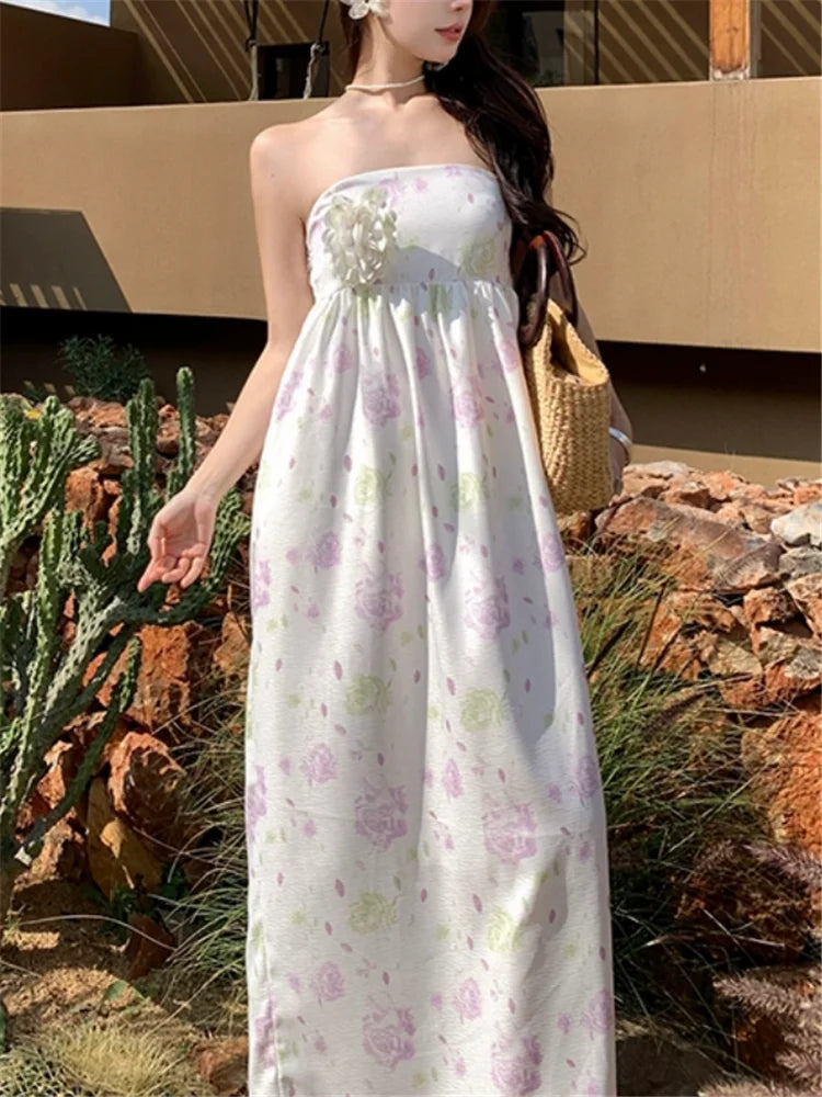 New Summer Holiday Beach Fashion Flower Dress Strapless Women Slash Neck Long Dress Floral Print Sleeveless Resort Seaside Dress