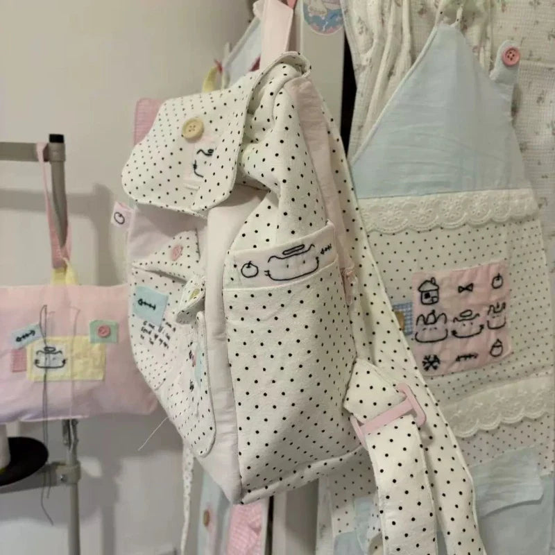 Japanese Sweet Girl Dot Backpack Patchwork Contrast Color Kawaii Cute Schoolbags Women Y2k Aesthetic Chic Backpacks for Students