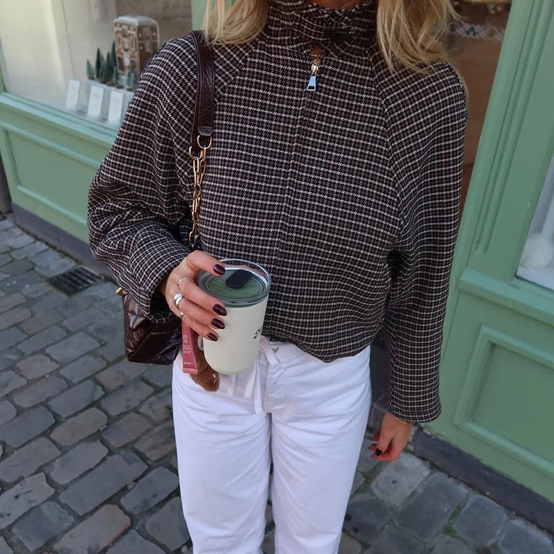 Vintage Plaid Women 's Jacket Elegant Lapel Patchwork Full Sleeve Zipper Cropped Jackets Lady Woman Spring Coats Outwears