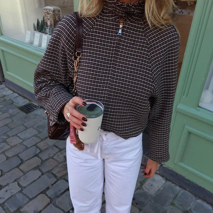 Vintage Plaid Women 's Jacket Elegant Lapel Patchwork Full Sleeve Zipper Cropped Jackets Lady Woman Spring Coats Outwears