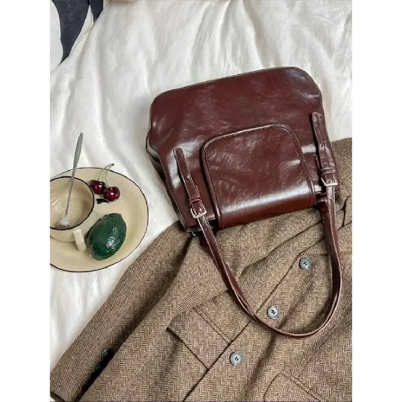 Large Capacity Retro Leather Single Shoulder Underarm Bag for Women's Autumn/winter New French Casual PU Tote Bag