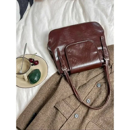 Large Capacity Retro Leather Single Shoulder Underarm Bag for Women's Autumn/winter New French Casual PU Tote Bag