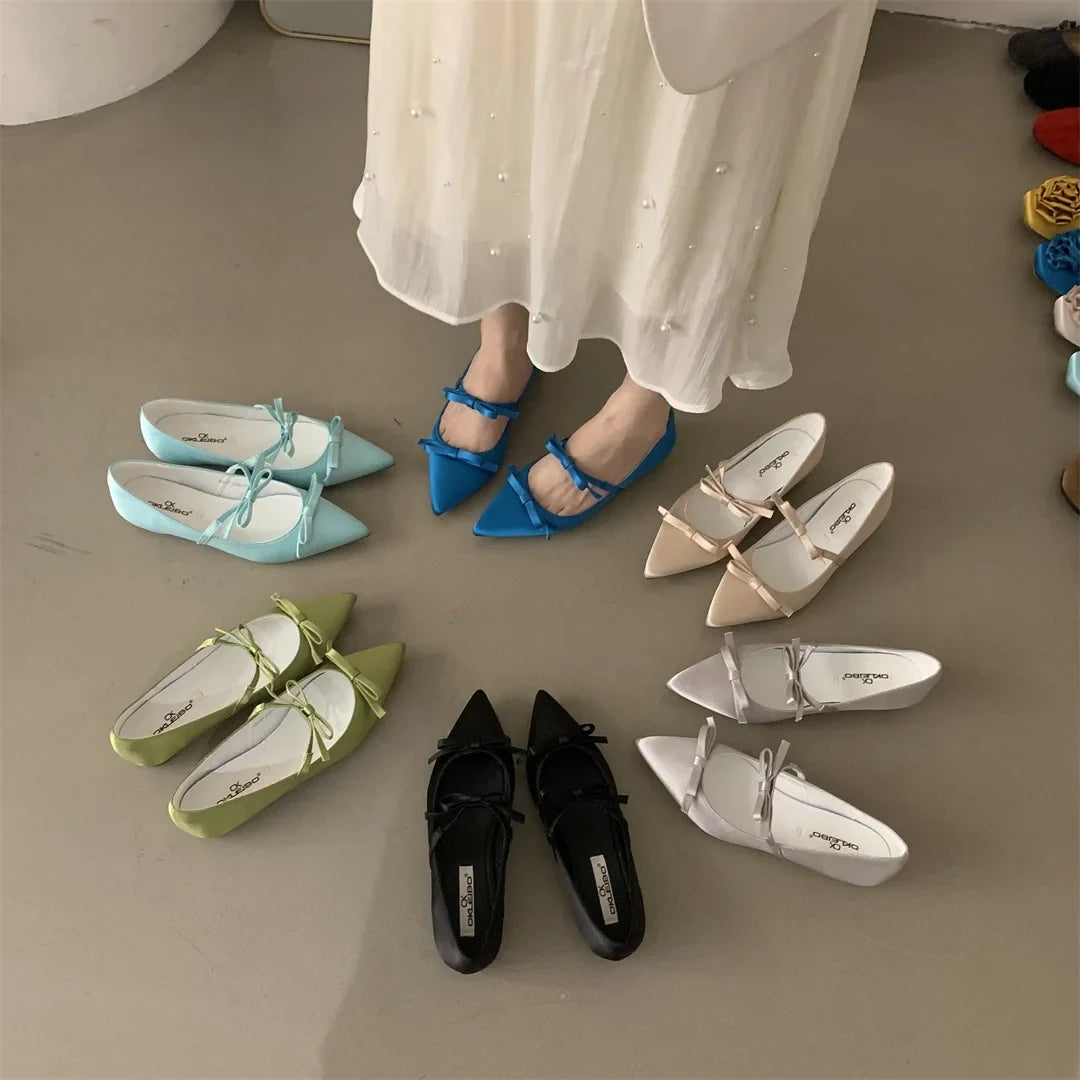Boat Shoe Low Heels Increas Height Female Footwear Bow-Knot Pointed Toe Clogs Platform Ballerinas Woman 2025 Dress Butterfly Com