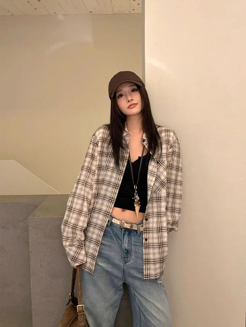 Women's Oversized Check Pocket Detail Shirt