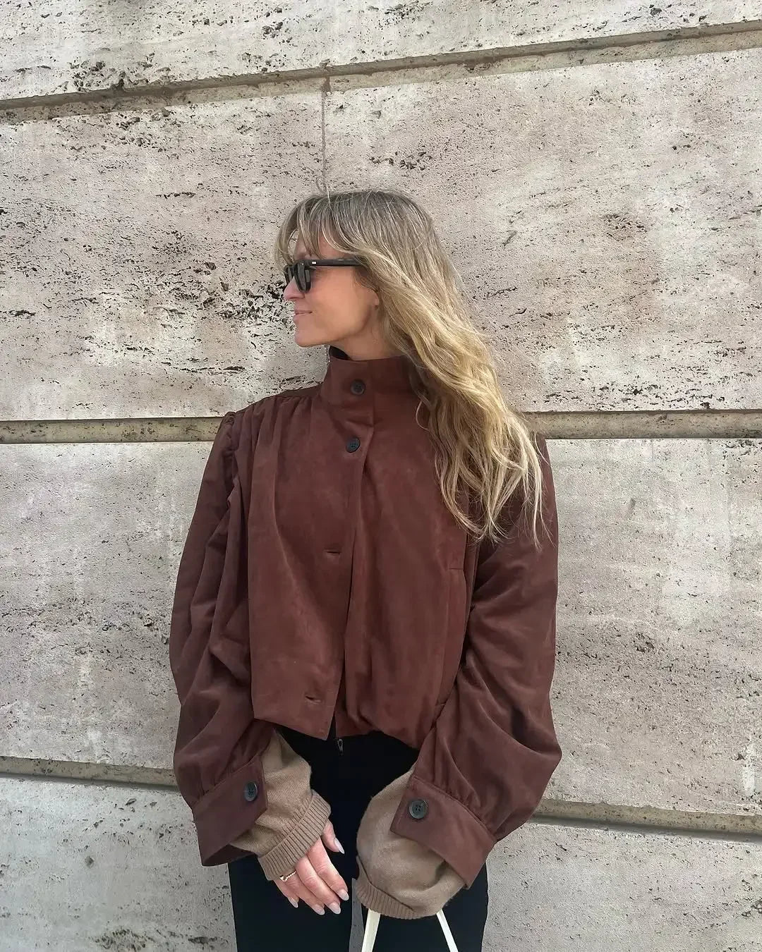 Retro Brown Suede Short Jacket Elegant Women Stand Collar Full Sleeves Single Breasteds Loose Coats Autumn Chic Lady Street Wear
