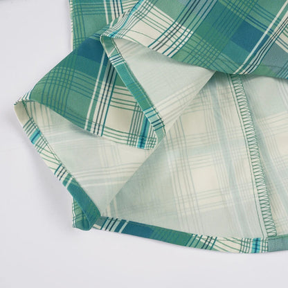 Green Plaid Print Blouse Vintage Turn-down Collar Single-breasted Top French Style Slim-fit Shirts Chic Fashion Clothes