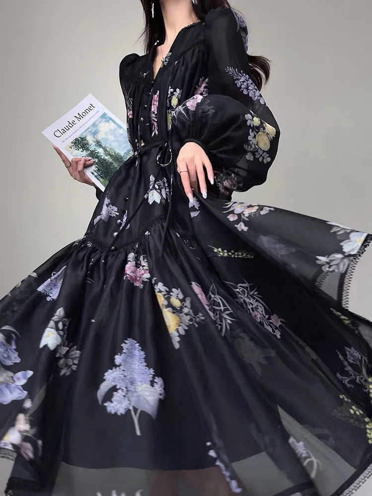 High Quality Fashion Vintage Women Spring Autumn Print Flower V Neck Lantern Sleeve Boho Casual Party Holiday Dresses