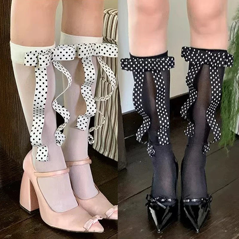 Fashion Lolita Solid Color Black White Polka Dot Ribbon Socks Stockings Women Polka Dot Ribbon Bow Lolita Sweet Girls Knee Socks