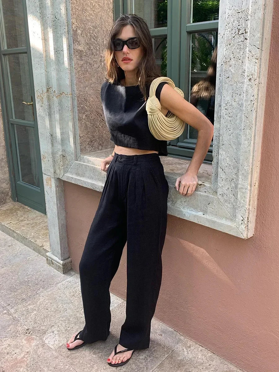 Women's Summer Cotton Linen Vest Pants Set Office Lady Chic Short Vest Casual Trousers Female Loose Long Pants Suits