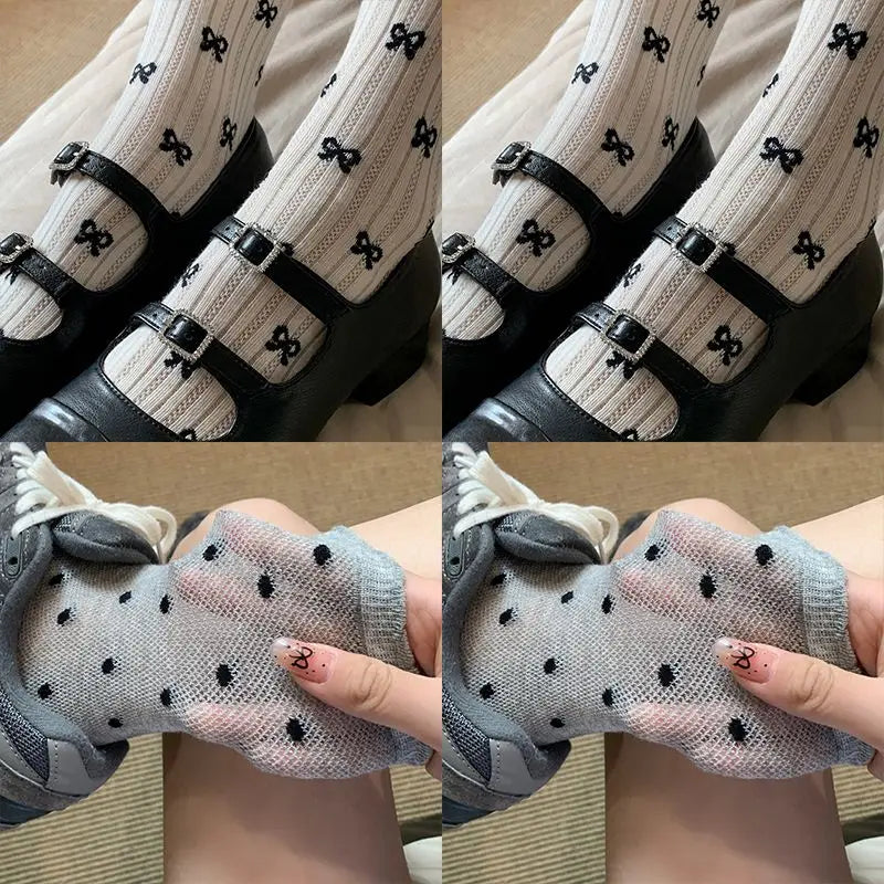 Summer Thin Bow Dot Lace Mid Tube Socks Versatile Mesh Hollow College Style Sweet Stacked Socks Japanese JK Calf Socks for Women