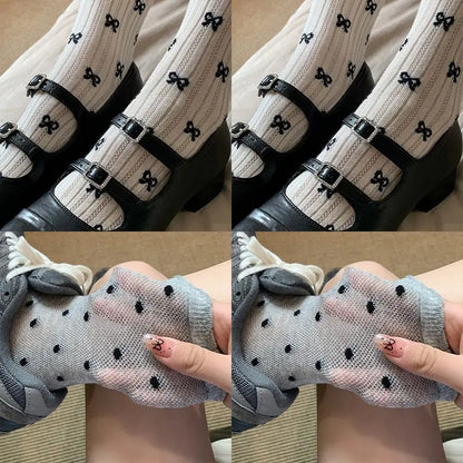 Summer Thin Bow Dot Lace Mid Tube Socks Versatile Mesh Hollow College Style Sweet Stacked Socks Japanese JK Calf Socks for Women
