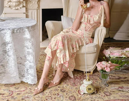 Spring New Women's Clothing Temperament Ruffle Edge Floral Suspender Skirt Design Waist Irregular Dress