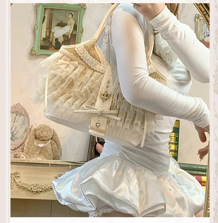 Elegant Lady Japanese Original Lolita Lace Ribbon Bow Handbag Vacation Style Sweet Cute Doll Daily Commuter Versatile Tote Bag