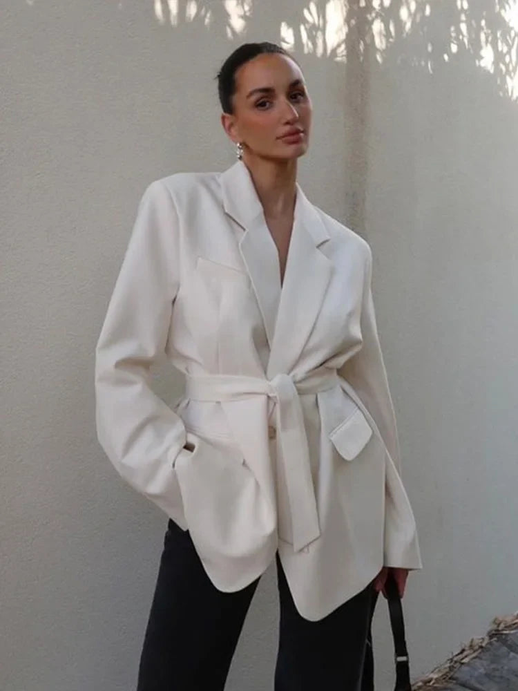 Women's Loose Waist Cinching Belt Full Sleeve Jacket Female Tailored Coat 2025 Chic Retro Elegant Lapel Suit Jackets Streetwear