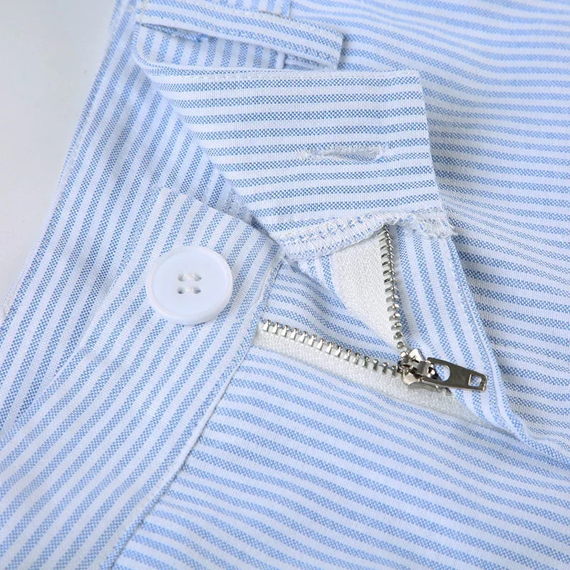 Roll-up Hem Striped Shorts Casual Basic Button-up High Waist Hot Pants Chic Elegant Slim-fitting Short Pants Streetwear