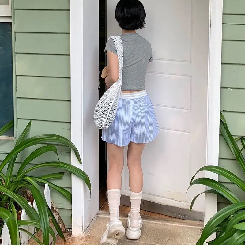 Summer Retro Splicing Vertical Striped Shorts Women's Loose Wide-leg Casual High Street Personality Pants Male Clothes