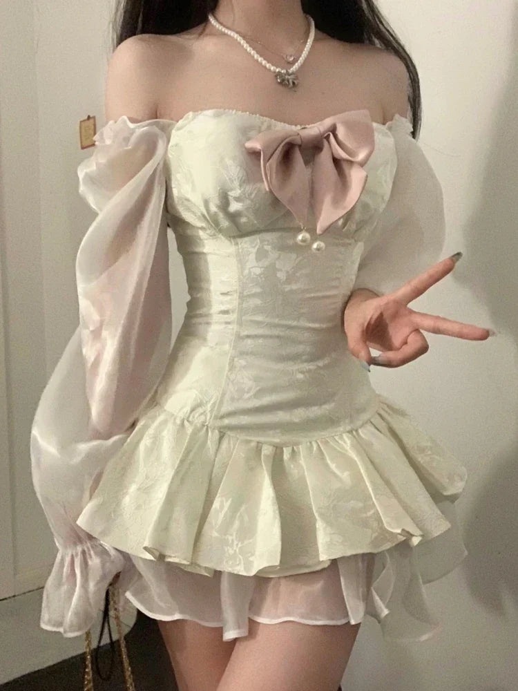 Medieval Floral Print Retro Satin Mini Dress for Women Off Shoulder Long Sleeve Birthday Dress with Bow Fairycore Cute
