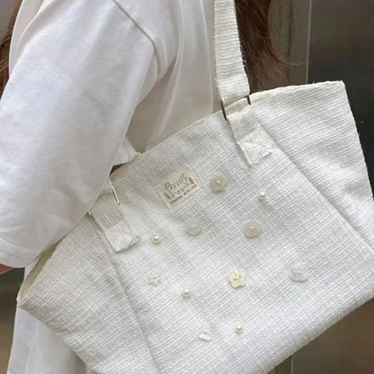 Sweet Button Pearl Shell Bag Women Exquisite White Large Capacity Tote Bag Ladies Elegant Harajuku Commute Shoulder Bags