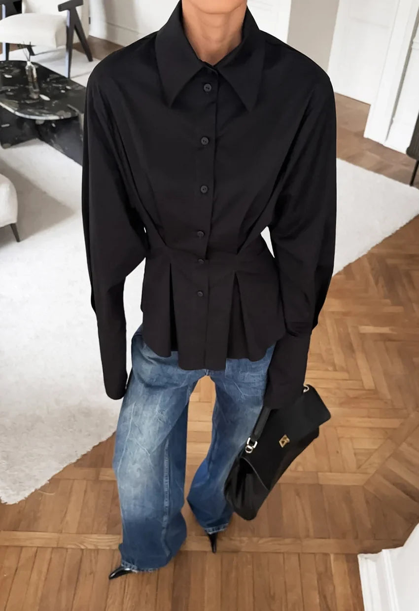 Pure cotton shirt for women, high-end, light luxury, versatile, pleated, waist cinching, slim fit, long sleeved, lapel shirt