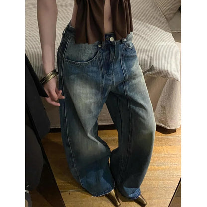Blue Jeans Women 90s Vintage Personality High Waisted Straight Trouser Streetwear Casual Loose Girl Wide Leg Classic Denim Pants