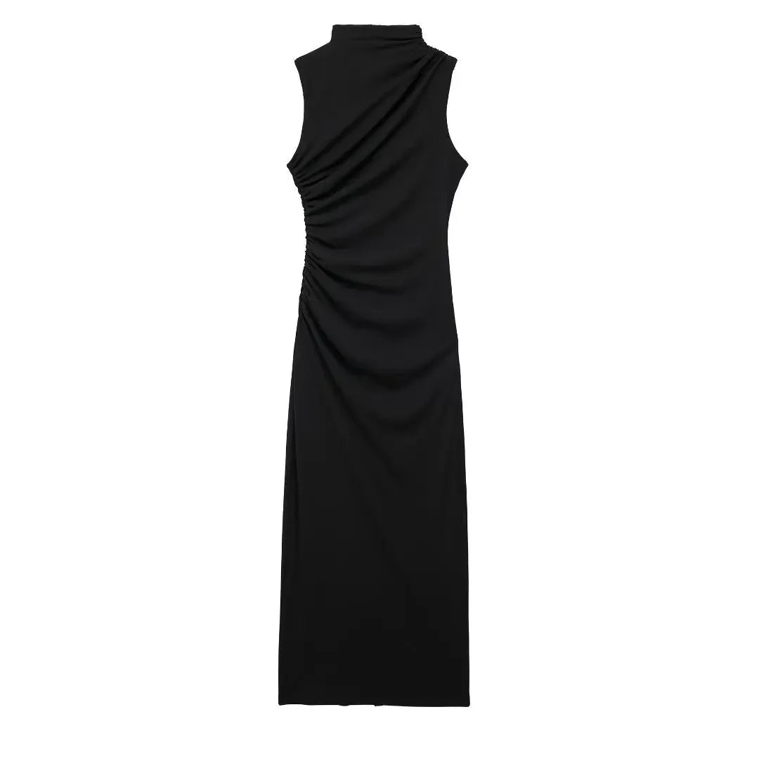 Elegant Slim Sleeveless Half High Collar Dresses Women Sexy Pleated Solid Evening Dress Female Summer New 2024 White Party Robe