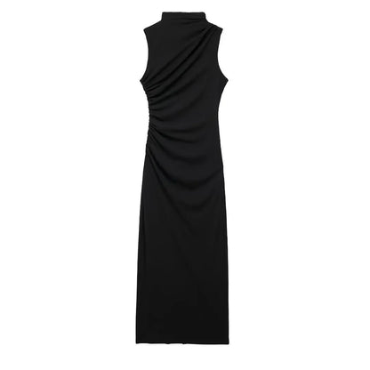 Elegant Slim Sleeveless Half High Collar Dresses Women Sexy Pleated Solid Evening Dress Female Summer New 2024 White Party Robe