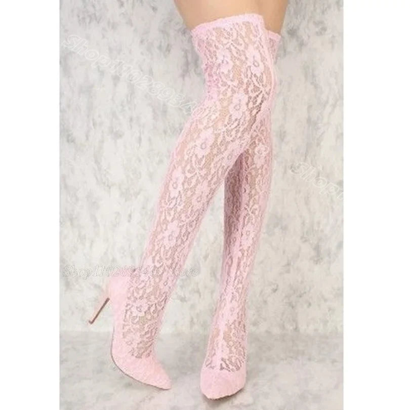White Air Mesh Lace Sexy Boots Splicing Pointed Toe Solid British Style Dress Party Women Over Knee Boots Zapatos Para Mujere