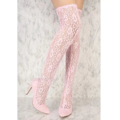 White Air Mesh Lace Sexy Boots Splicing Pointed Toe Solid British Style Dress Party Women Over Knee Boots Zapatos Para Mujere