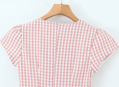 Casual Short Plaid Dresses For Women Vintage Puff Sleeve V Neck A-line Mini Vacation Dress 2026 Summer Robe