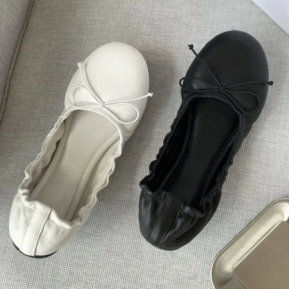 Women's Soft Leather Bow Ballet Flats Ruched Opening Round Toe Slip-on Flat Shoes Comfy Ladies Office Daily Walking Footwear