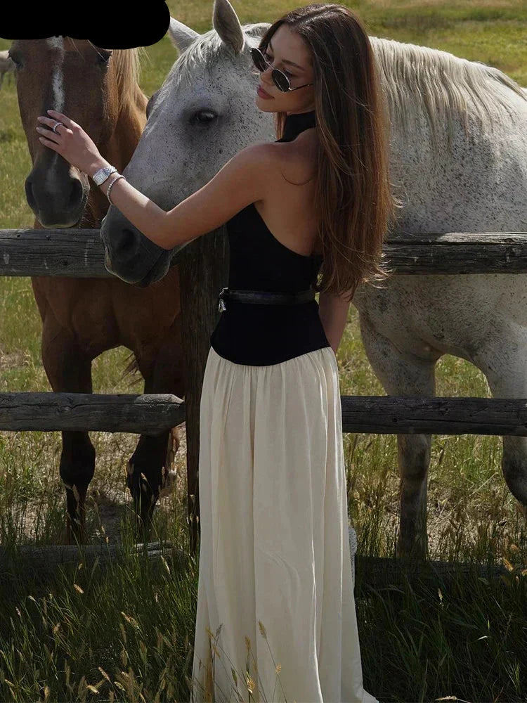 Halter Neck Belted A-Line Maxi Dress