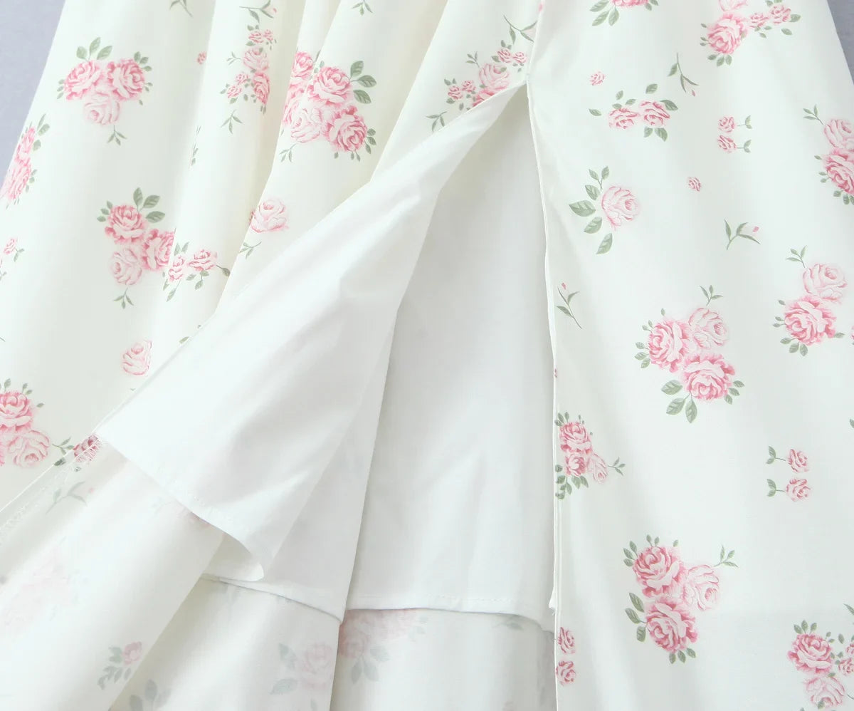 New 2025 Women Floral Print Elegant Sling Long Dress Sexy Thin Straps Hem Slit A-line Summer Holiday Dresses
