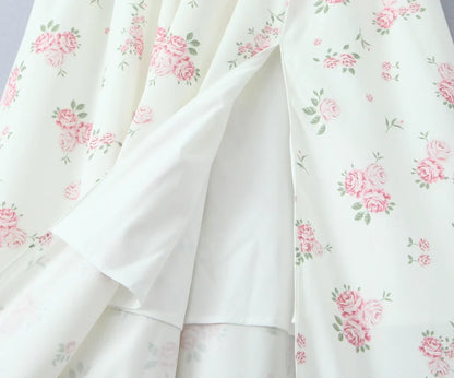 New 2025 Women Floral Print Elegant Sling Long Dress Sexy Thin Straps Hem Slit A-line Summer Holiday Dresses