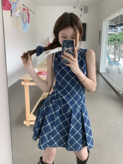 Vintage Blue Plaid Sleeveless Dress Low Wasit Mini Pleated Dresses for Women Summer Korean Fashion Retro Slim Clothes